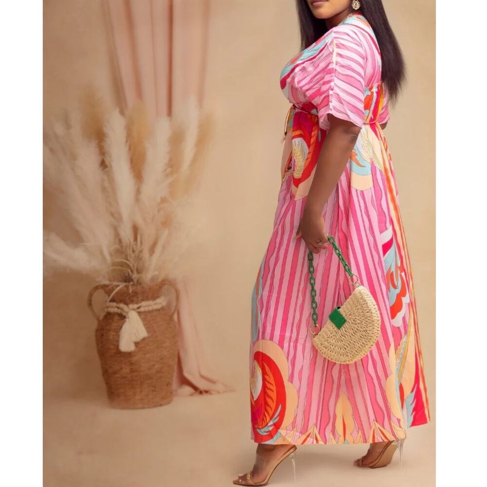 Pink Abstract Batwing Sleeve Elastic Waist Button Down Summer Maxi Dress Size XL - Picture 2 of 16